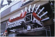 Sound Republic Leicester Square mirror polished stainless steel letters internally lit by neon